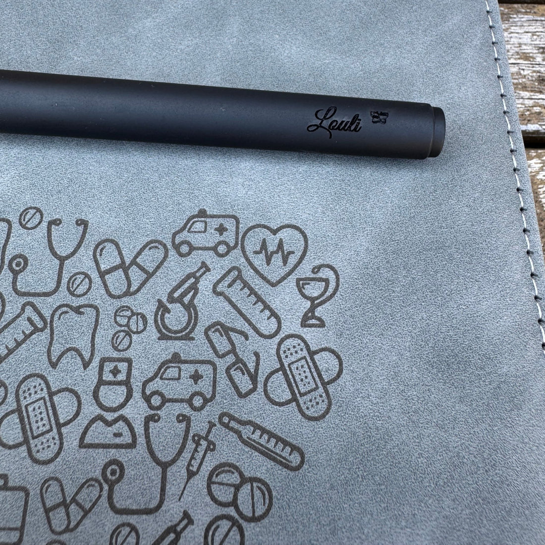 Grey leather notebook with medical icons and engraved pen with custom name – Etch 'N' Shine