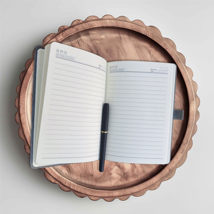 Open personalised A5 notebook with pen on a scalloped wooden tray – engraved leather notebook – Etch 'N' Shine