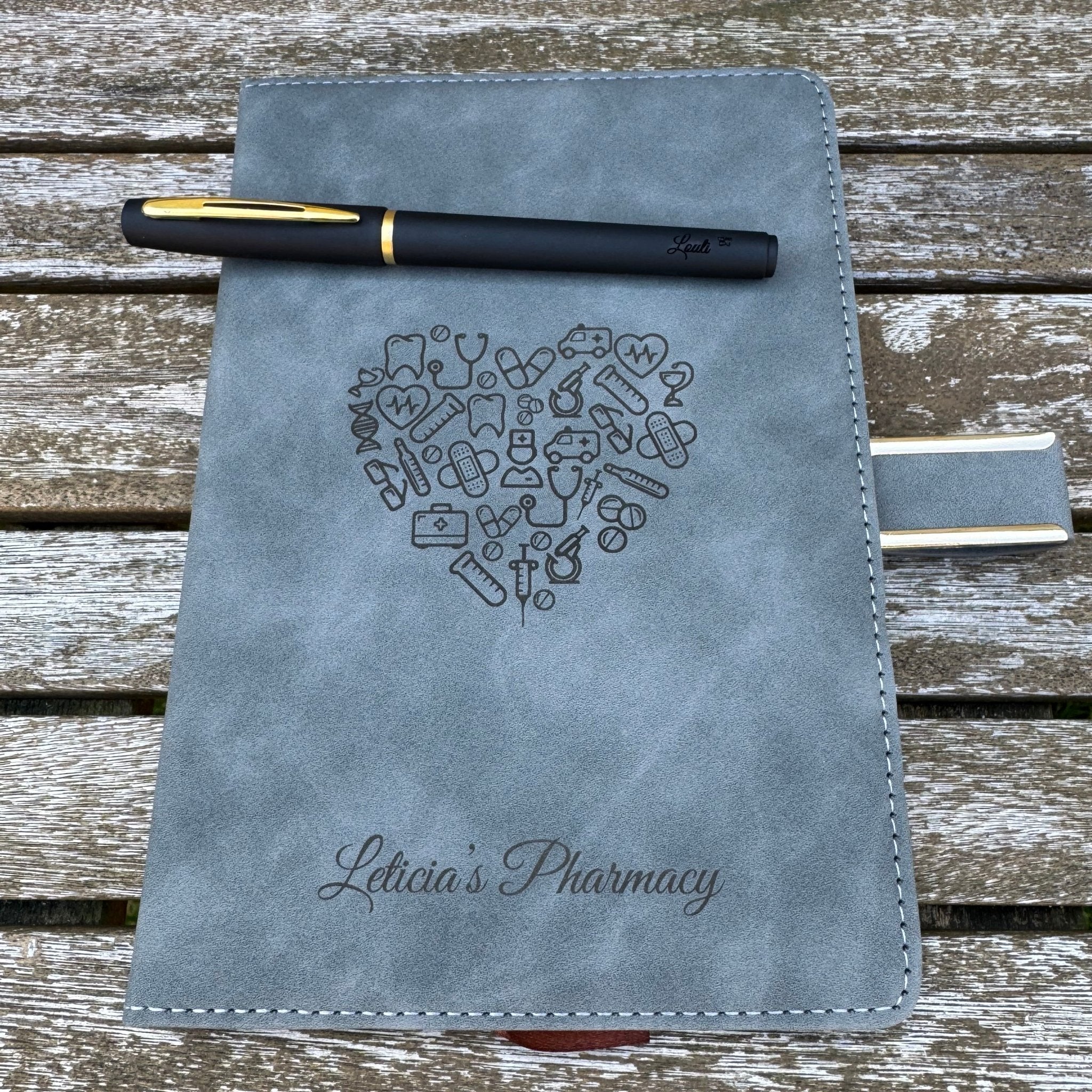 Grey vegan leather notebook with custom text and heart icon – personalised A5 notebook – Etch 'N' Shine