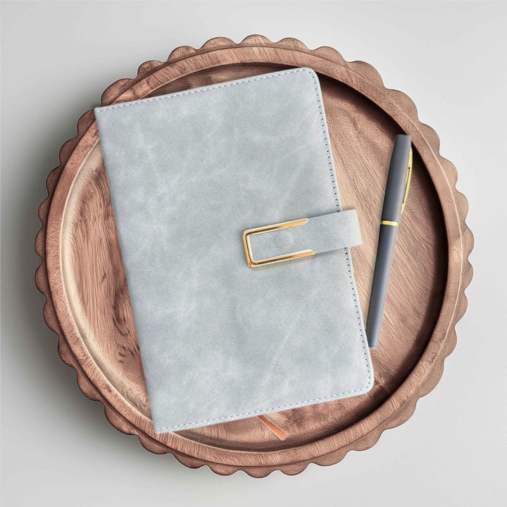 Grey vegan leather notebook with gold clasp and pen – personalised A5 notebook – Etch 'N' Shine