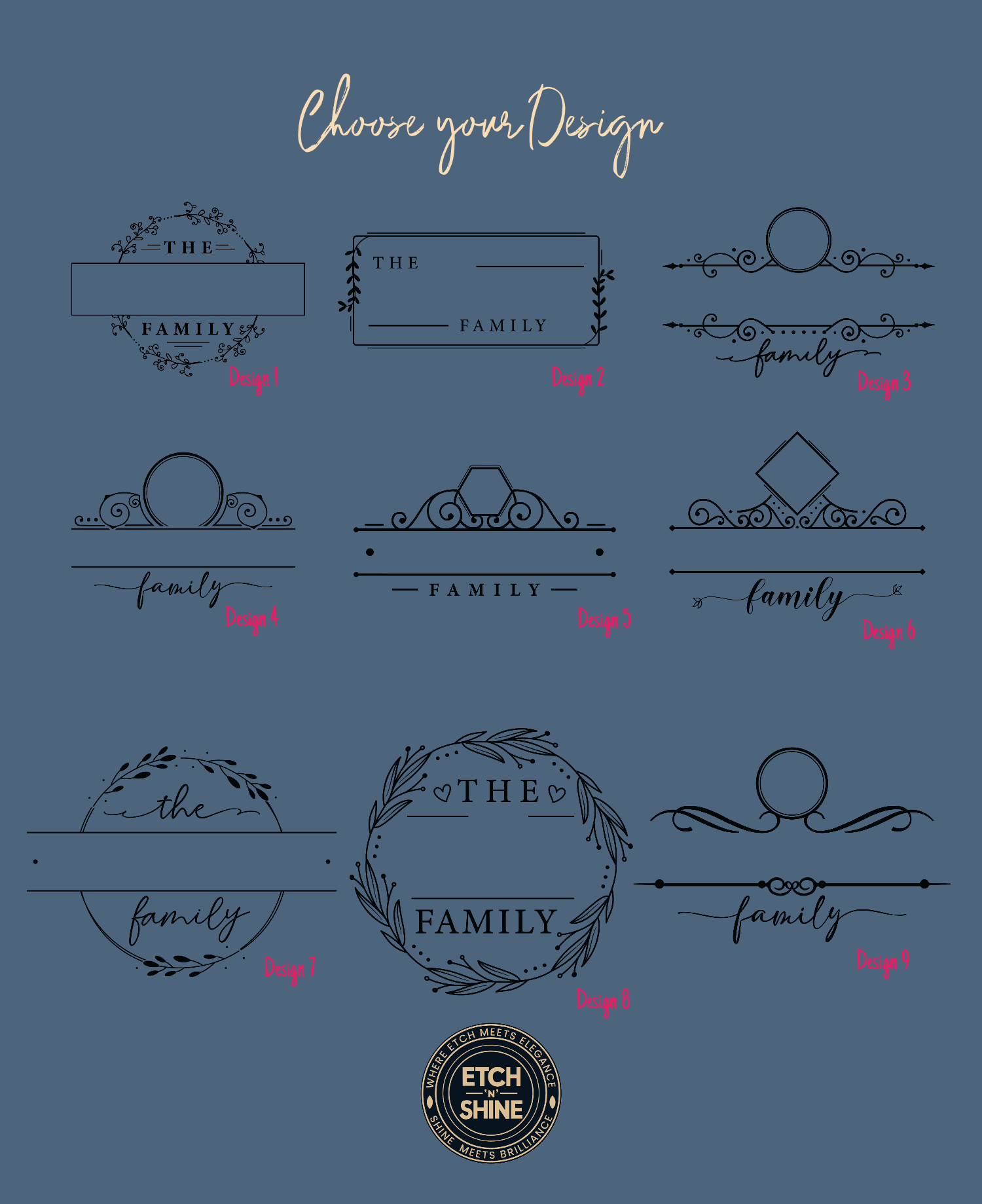 Nine engraving design options for personalised acacia serving board – Etch 'N' Shine