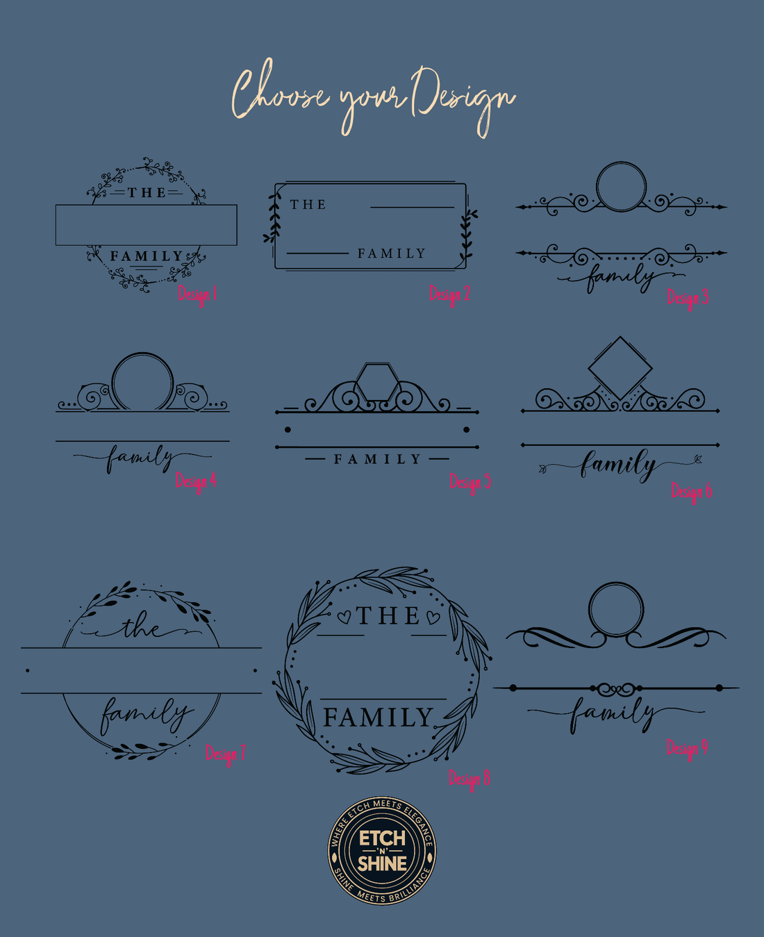 Nine engraving design options for personalised acacia serving board – Etch 'N' Shine