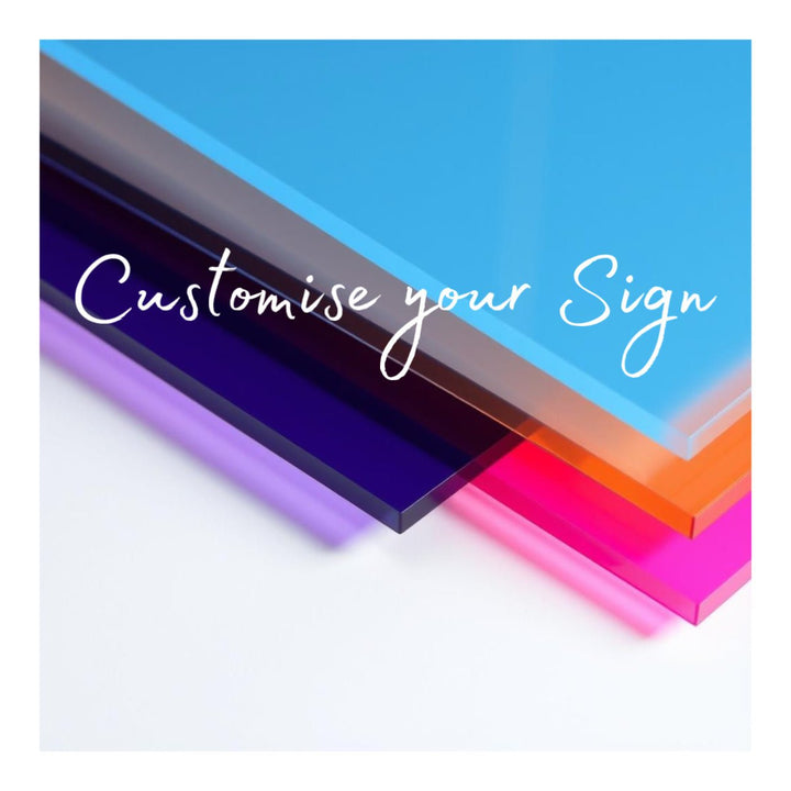 Five colour variants of acrylic sheet in blue, purple, grey, orange and pink – personalised acrylic sign – Etch 'N' Shine