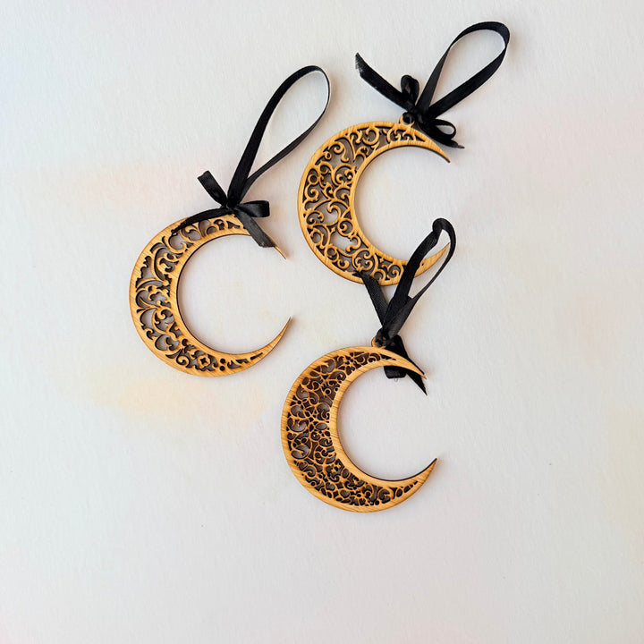 Three wooden crescent moon ornaments with ribbon – laser-cut wooden hanging decoration – Etch 'N' Shine