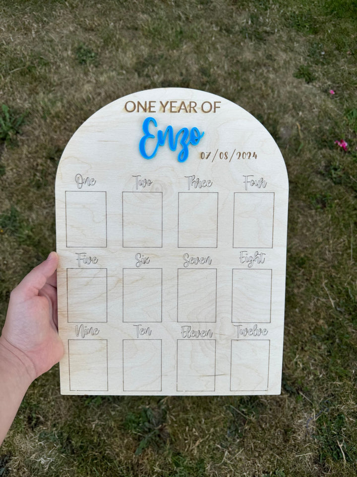 Arch wooden milestone board with custom name and date – personalised baby photo board – Etch 'N' Shine