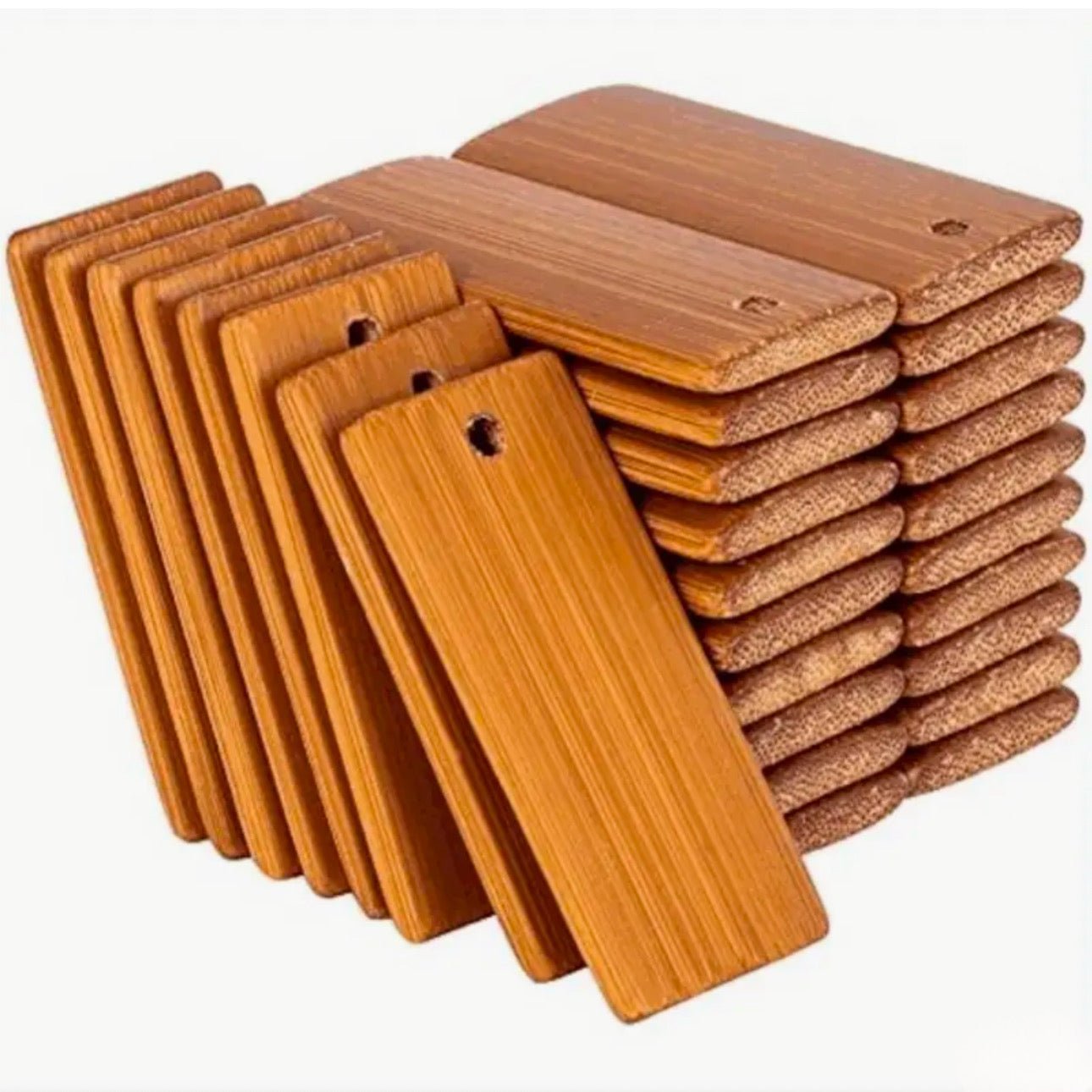 Stack of blank rectangular bamboo keyring blanks with drilled holes – personalised bamboo keyring – Etch 'N' Shine