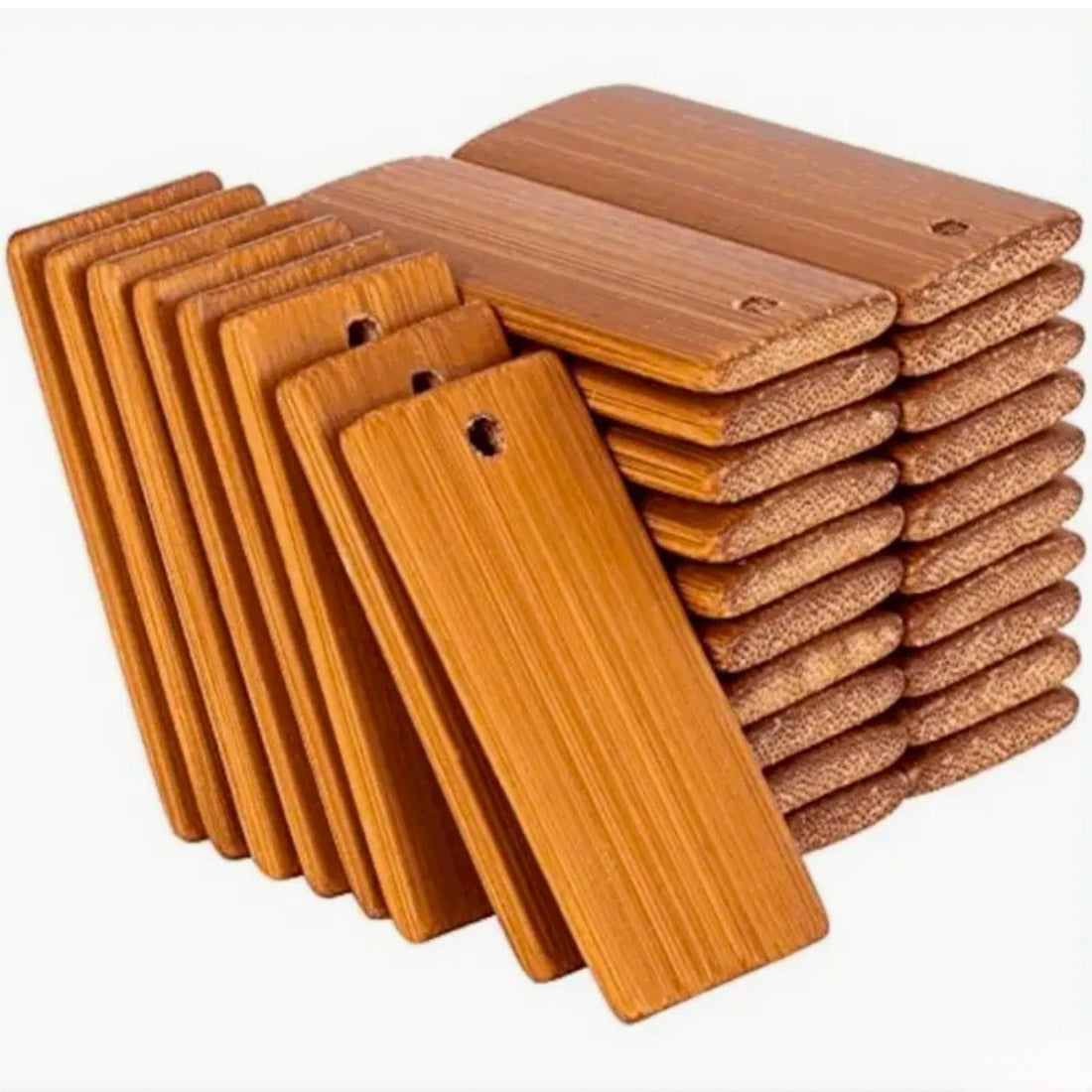 Stack of blank rectangular bamboo keyring blanks with drilled holes – personalised bamboo keyring – Etch 'N' Shine