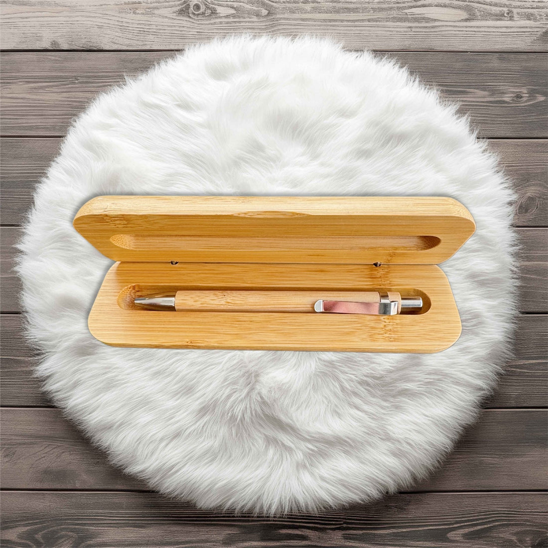 Bamboo pen in open bamboo case on faux fur display – personalised bamboo pen and case set – Etch 'N' Shine