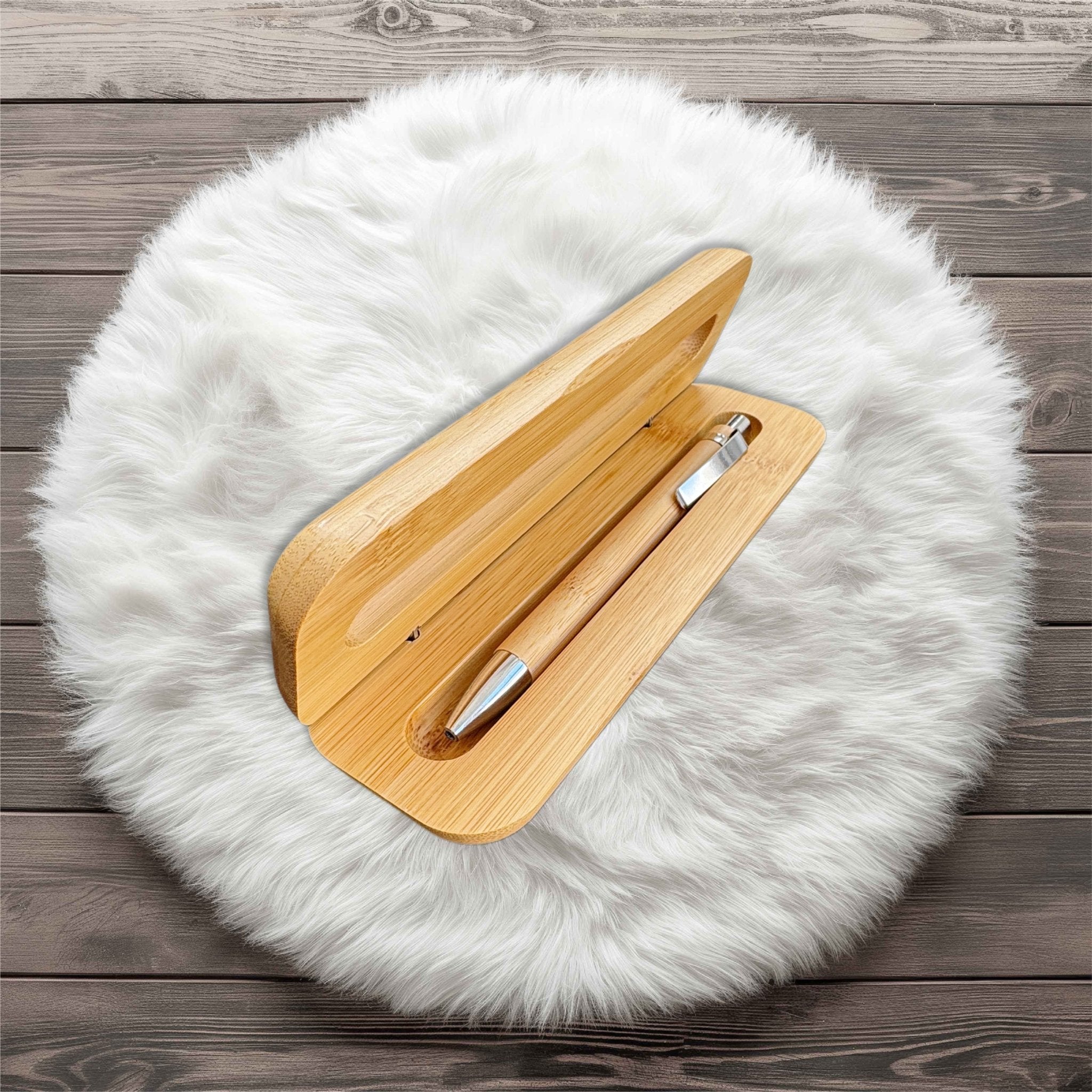Bamboo pen in open bamboo case on faux fur display – personalised bamboo pen and case set – Etch 'N' Shine