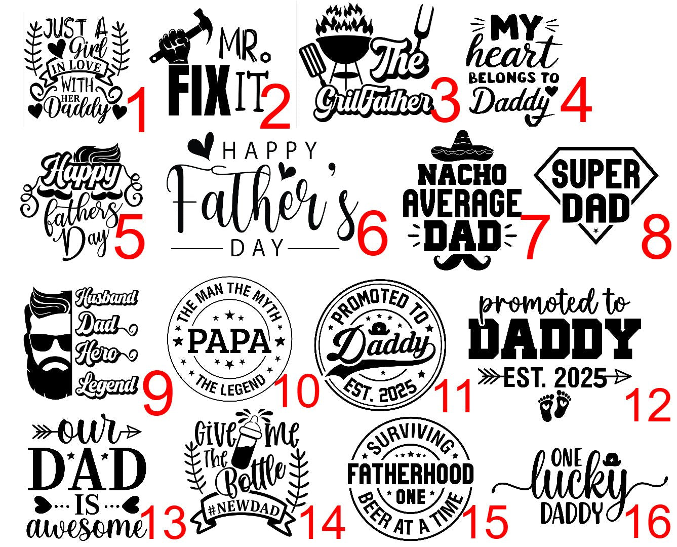 Grid of sixteen numbered Father's Day engraving design options – laser engraving design sheet – Etch 'N' Shine