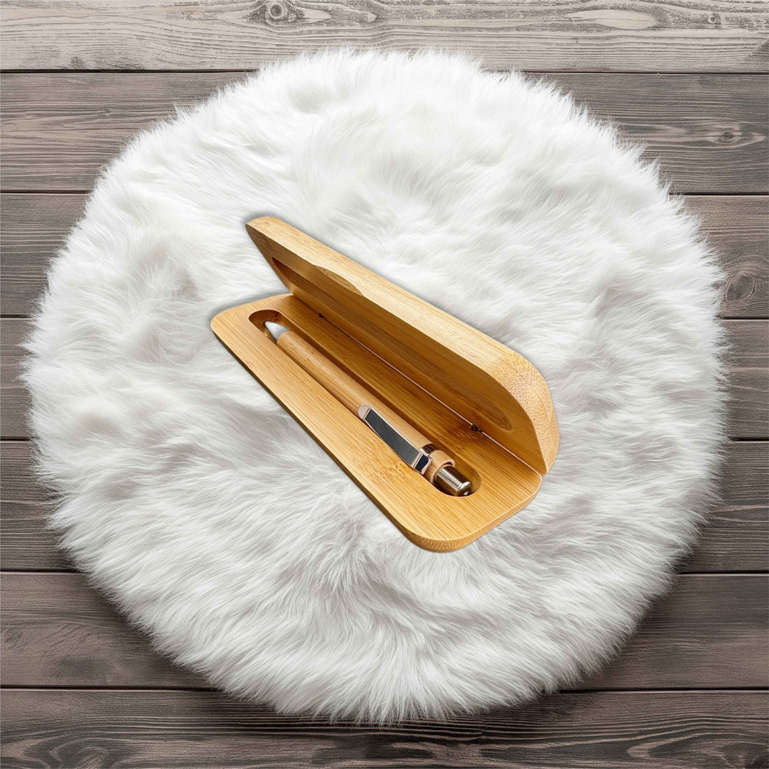 Bamboo pen in open bamboo case on faux fur display – personalised bamboo pen and case set – Etch 'N' Shine
