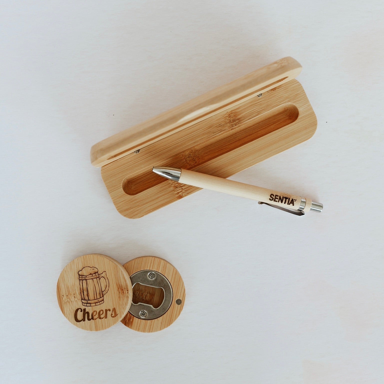Engraved bamboo pen in open wooden box with round bottle opener – bamboo gift set – Etch 'N' Shine