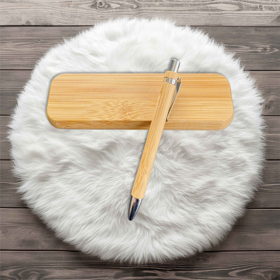 Bamboo pen with silver clip resting on matching bamboo pen case – personalised bamboo pen and case set – Etch 'N' Shine