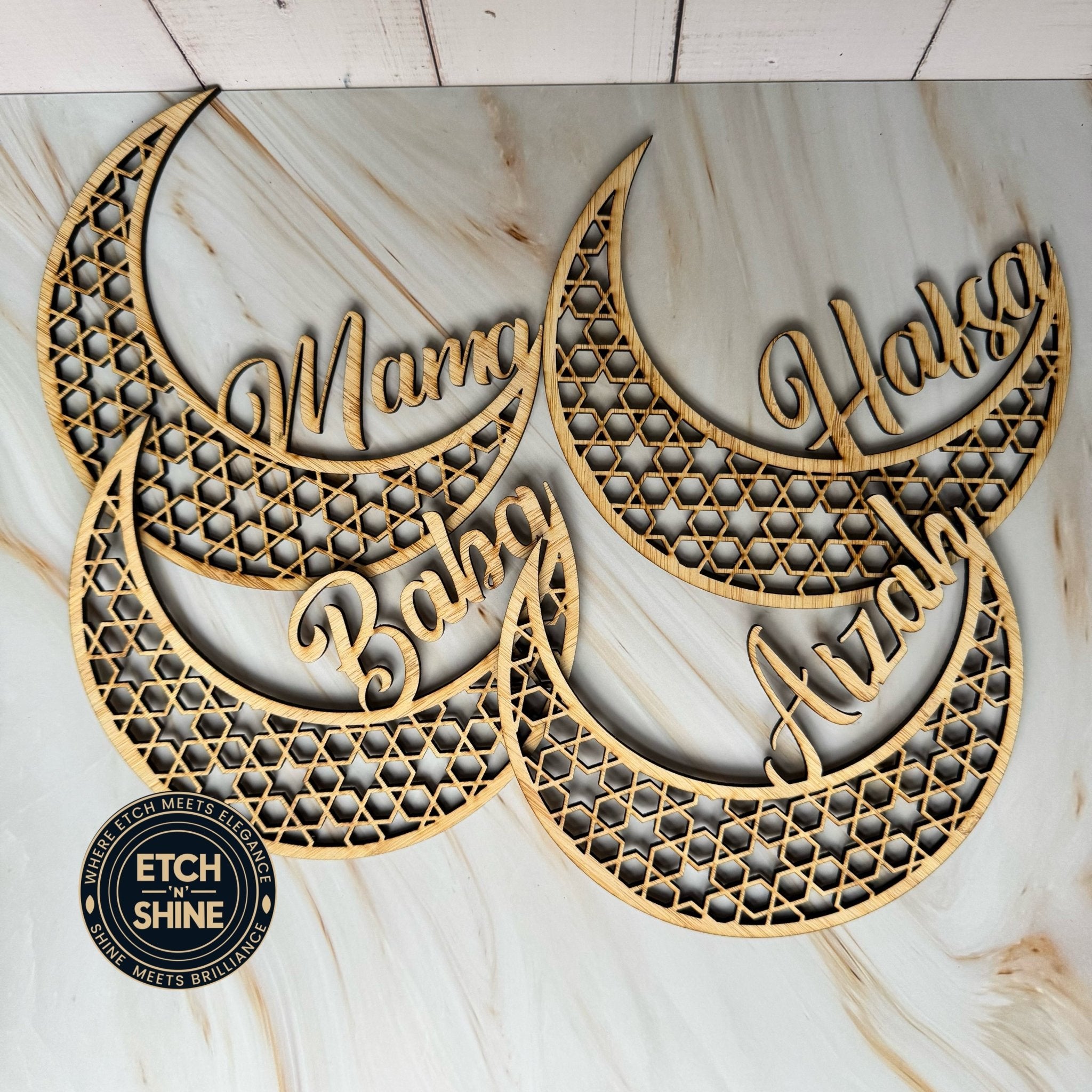 Personalised Bamboo Ramadan Name Plate – Crescent or Star - Etch ‘n’ Shine