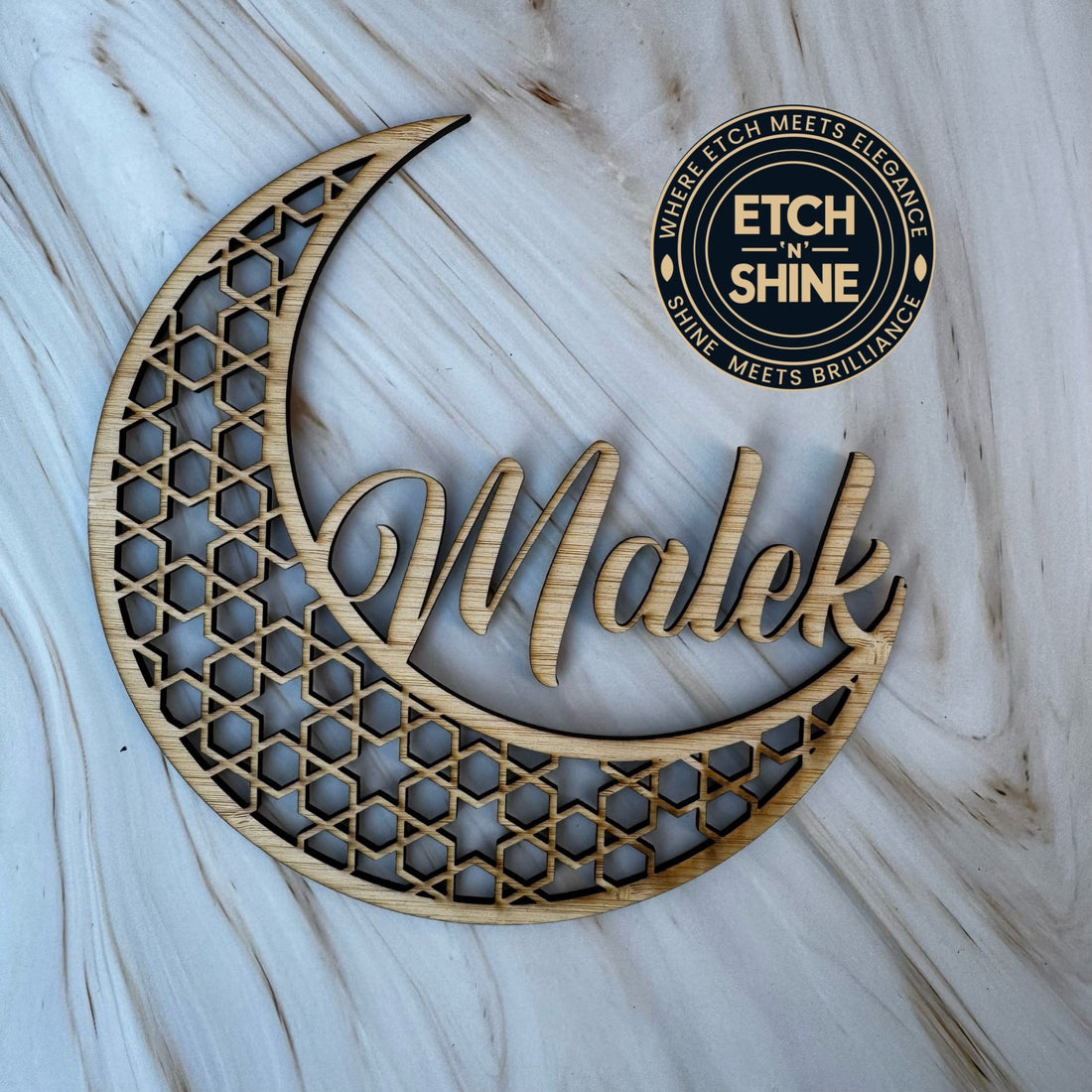 Personalised Bamboo Ramadan Name Plate – Crescent or Star - Etch ‘n’ Shine