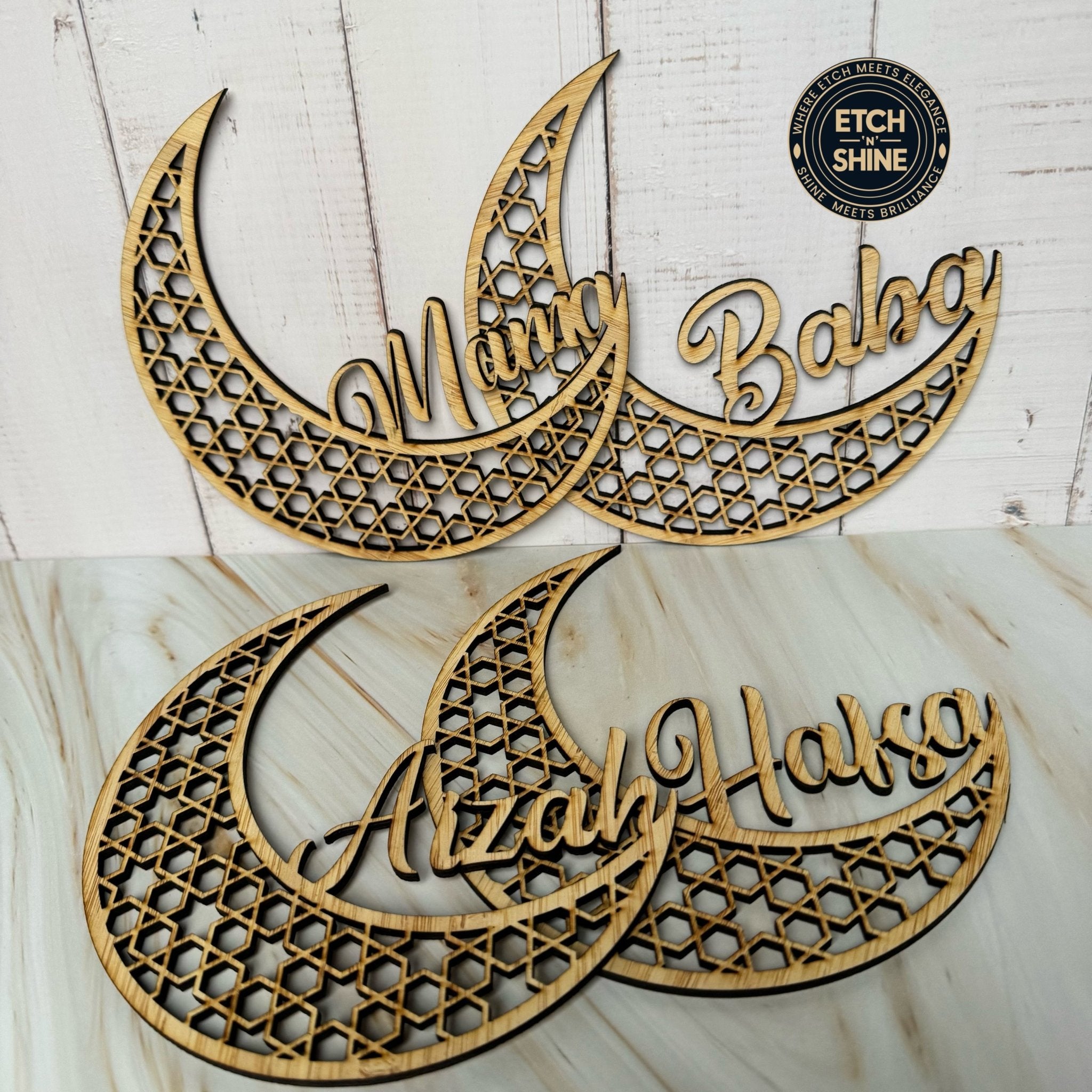 Personalised Bamboo Ramadan Name Plate – Crescent or Star - Etch ‘n’ Shine