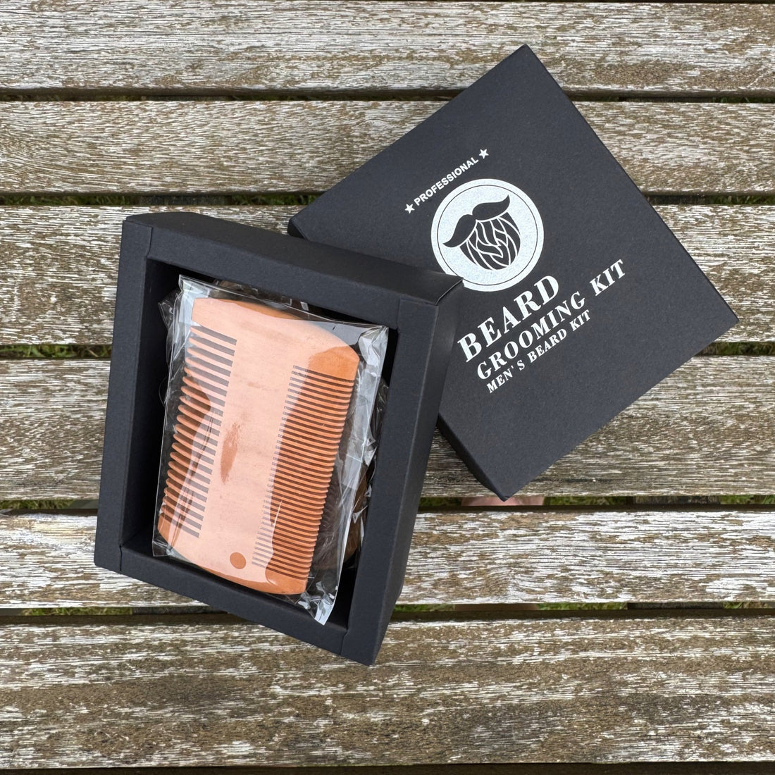 Wooden beard comb in open black gift box on wooden surface – personalised bamboo beard grooming kit – Etch 'N' Shine
