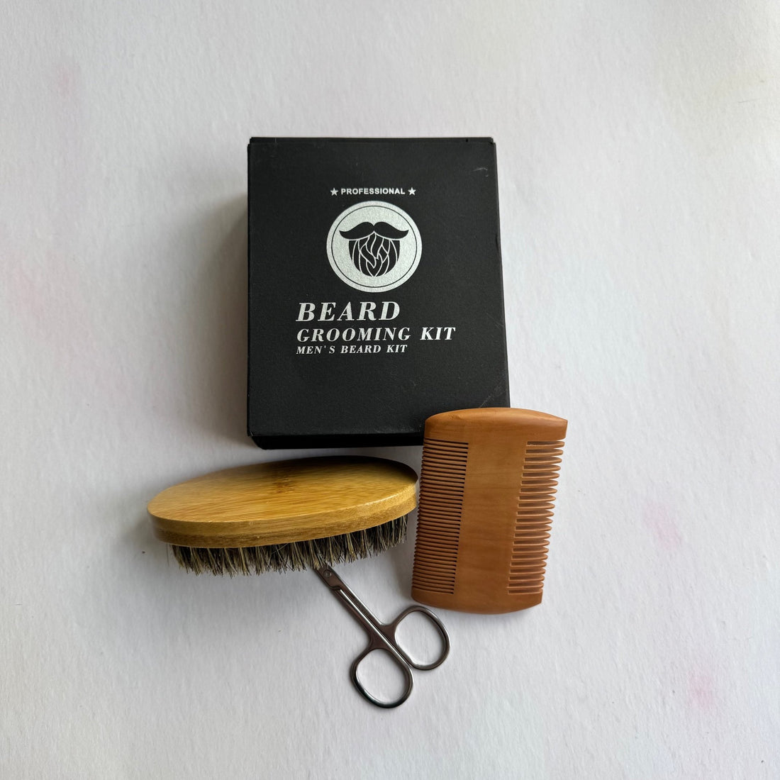 Beard kit with comb, brush and scissors beside black gift box – personalised grooming set – Etch 'N' Shine