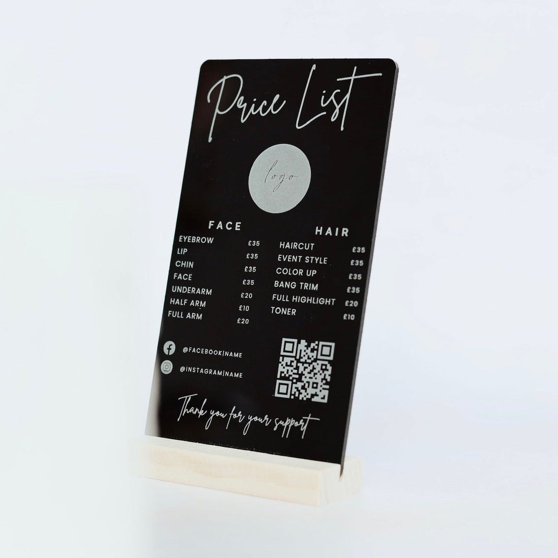 Black acrylic sign with custom text and QR code on wooden stand – personalised acrylic sign – Etch 'N' Shine