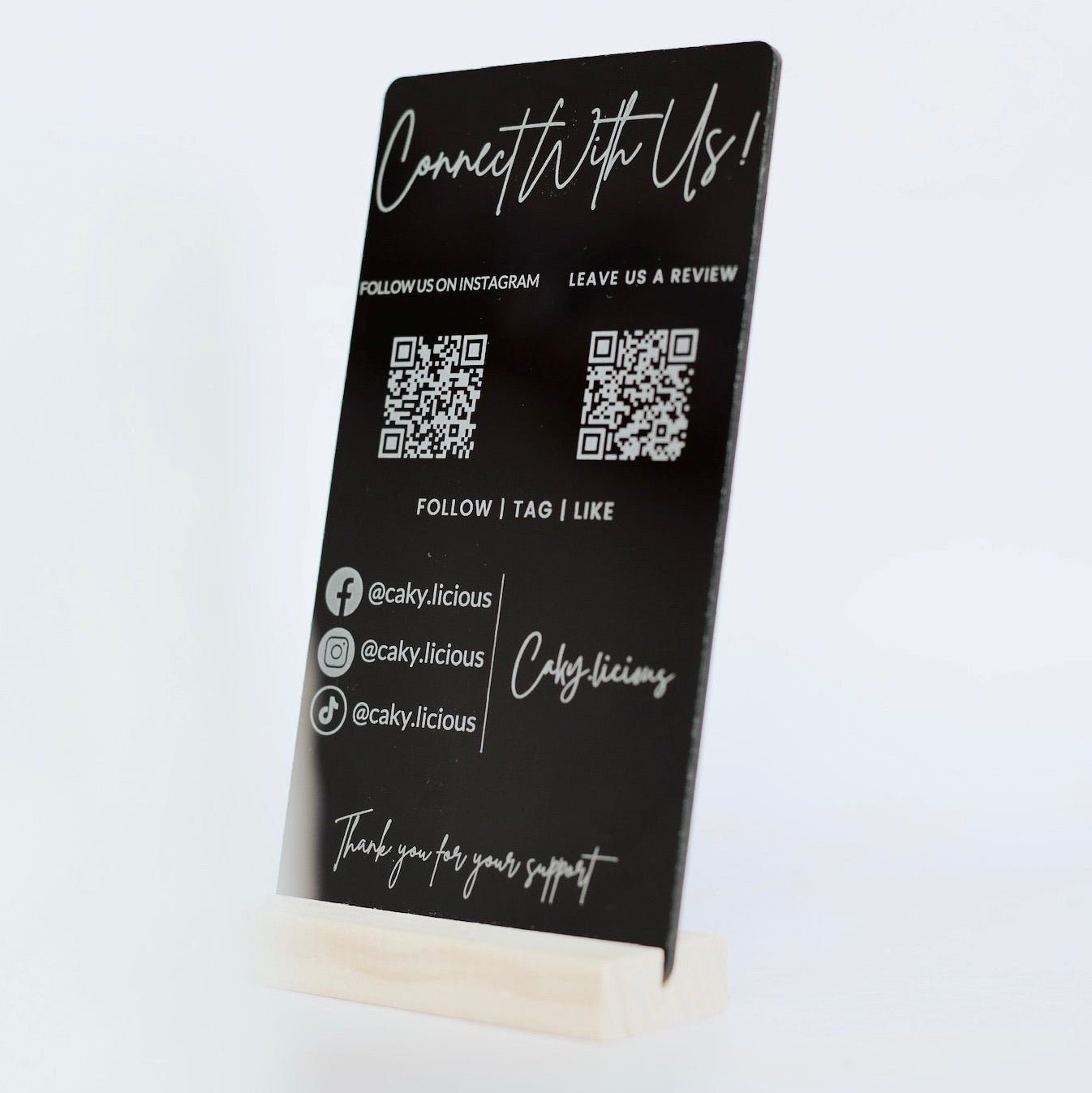 Black acrylic sign with QR codes and custom text on a stand – engraved acrylic sign – Etch 'N' Shine