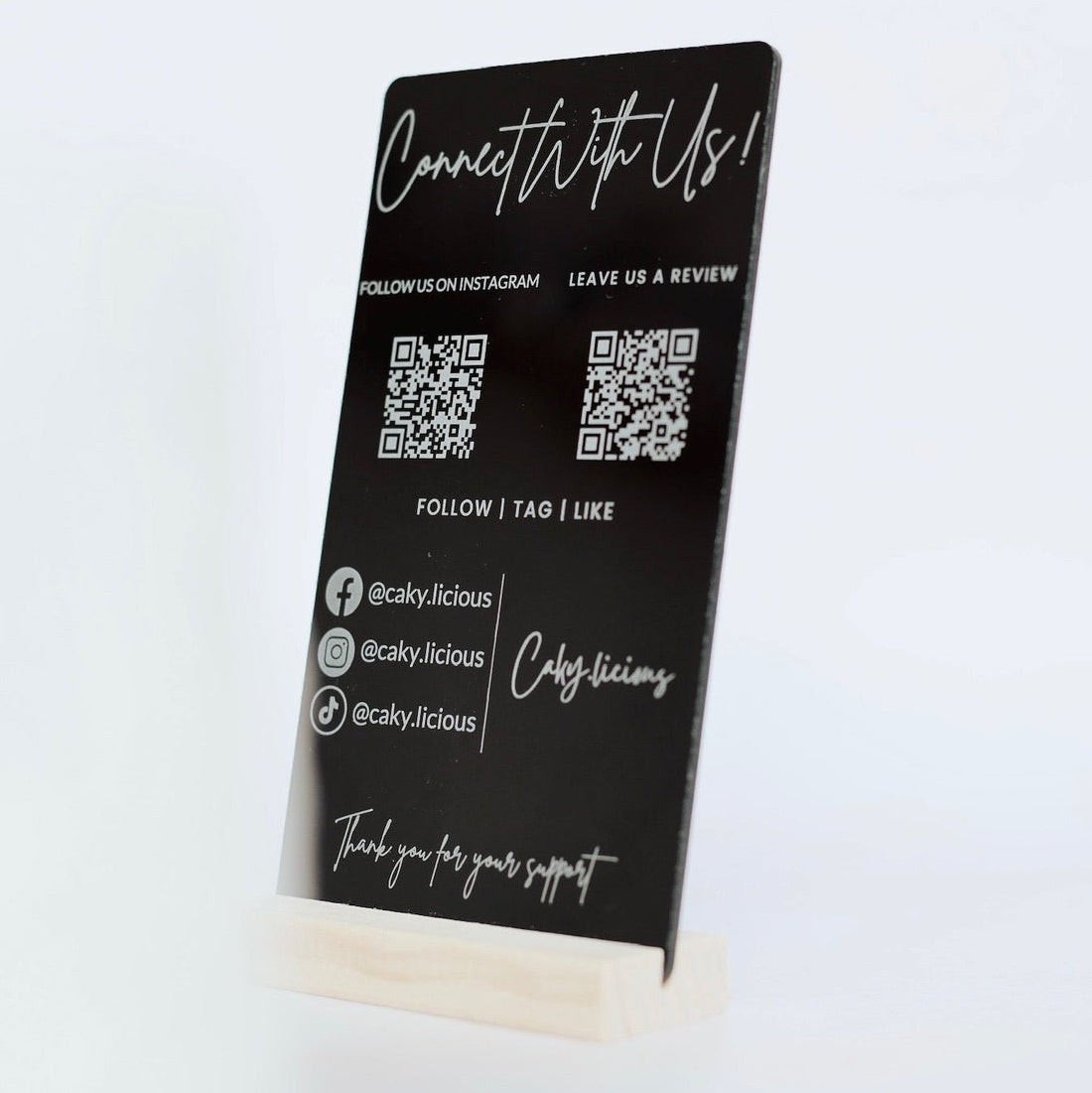 Black acrylic sign with QR codes and custom text on a stand – engraved acrylic sign – Etch 'N' Shine