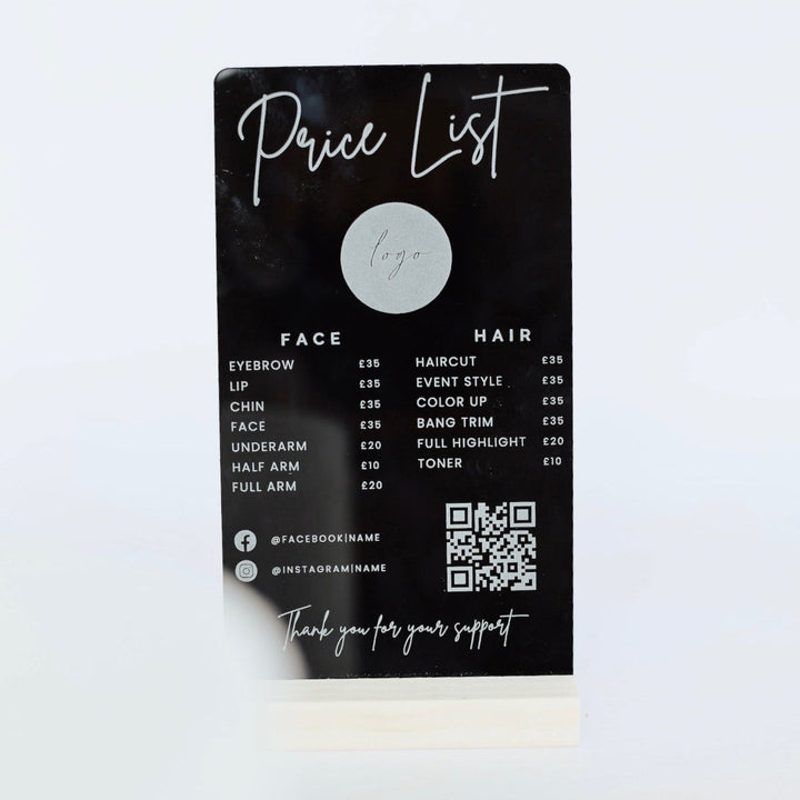 Black acrylic price list sign with custom text, logo placeholder and QR code on a wooden stand – Etch 'N' Shine