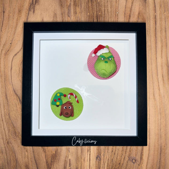 Two Christmas character disc decorations in black shadow box frame – personalised frame – Etch 'N' Shine