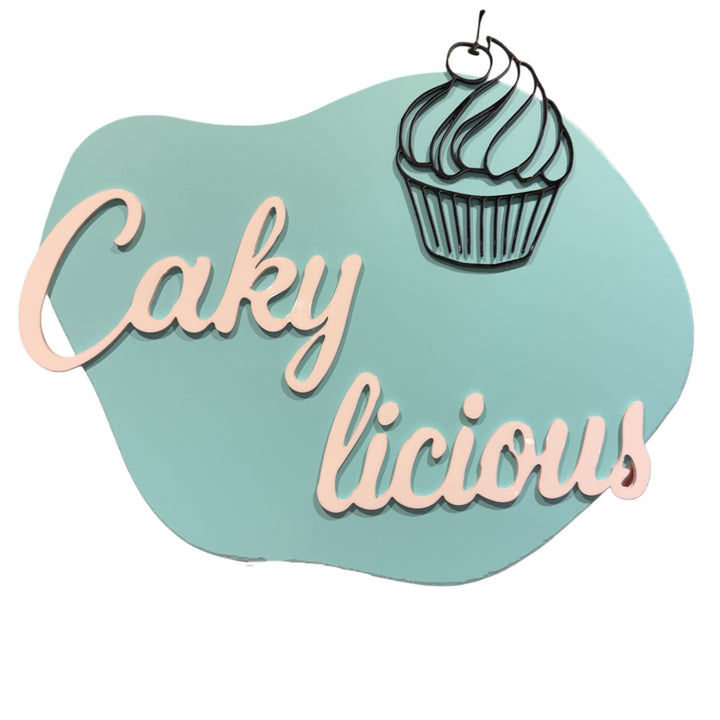 Teal acrylic sign with custom text and cupcake graphic – personalised business sign – Etch 'N' Shine