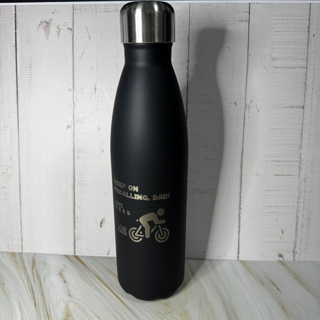 Black bottle with engraved cycling graphic and custom text – personalised steel water bottle – Etch 'N' Shine