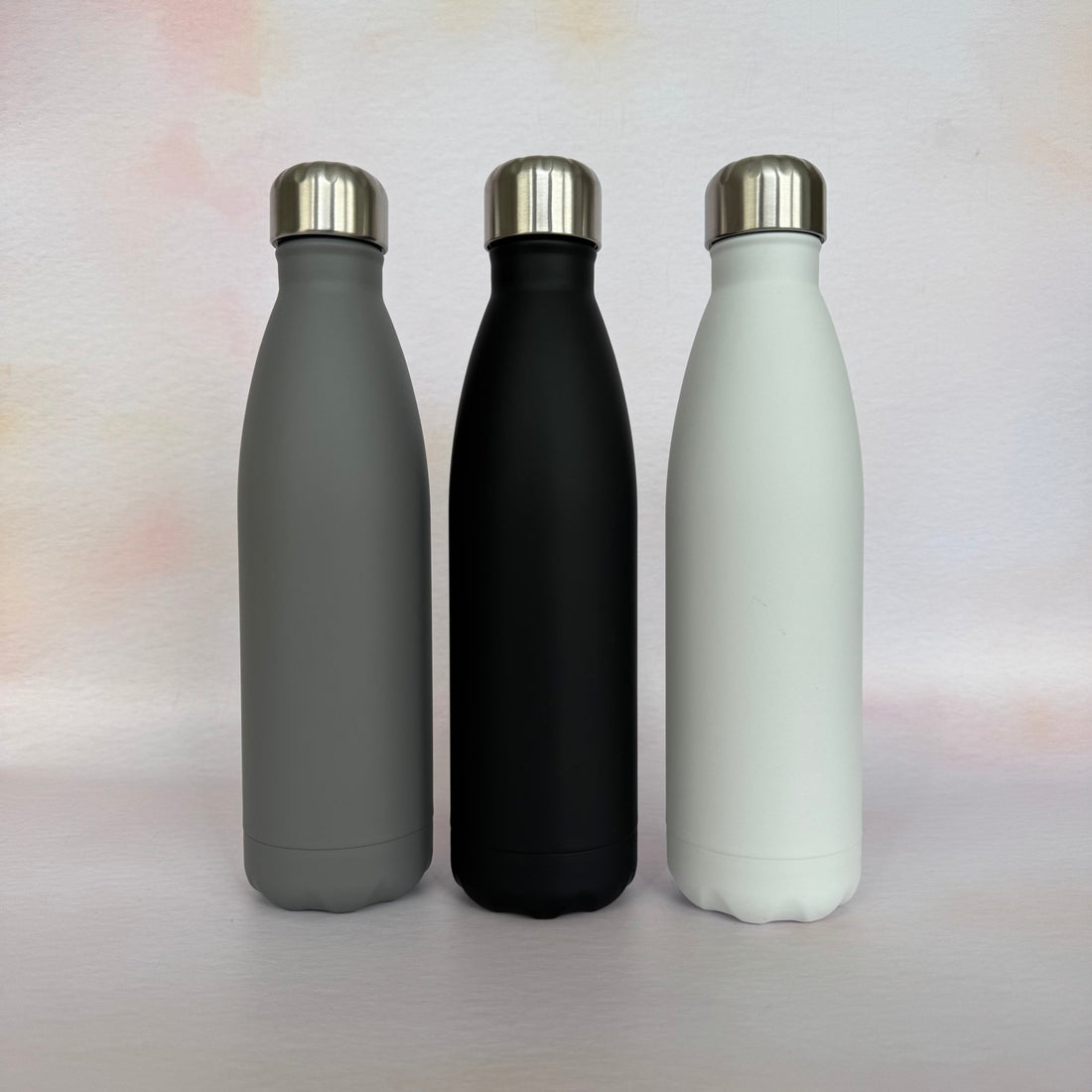 Three colour variants of personalised steel water bottle – insulated bowling pin bottle – Etch 'N' Shine