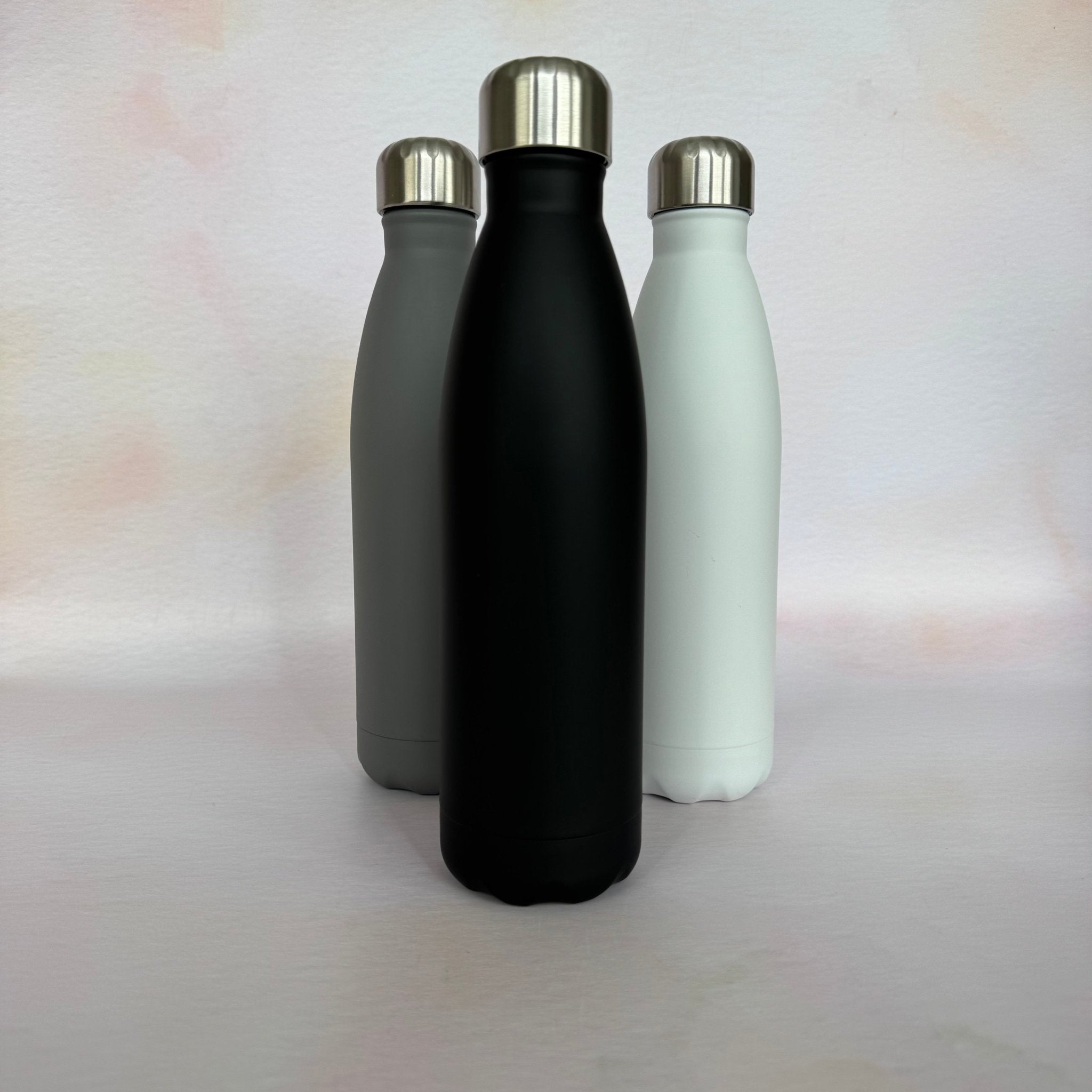 Three colour variants of personalised steel water bottle – insulated matte bottle – Etch 'N' Shine