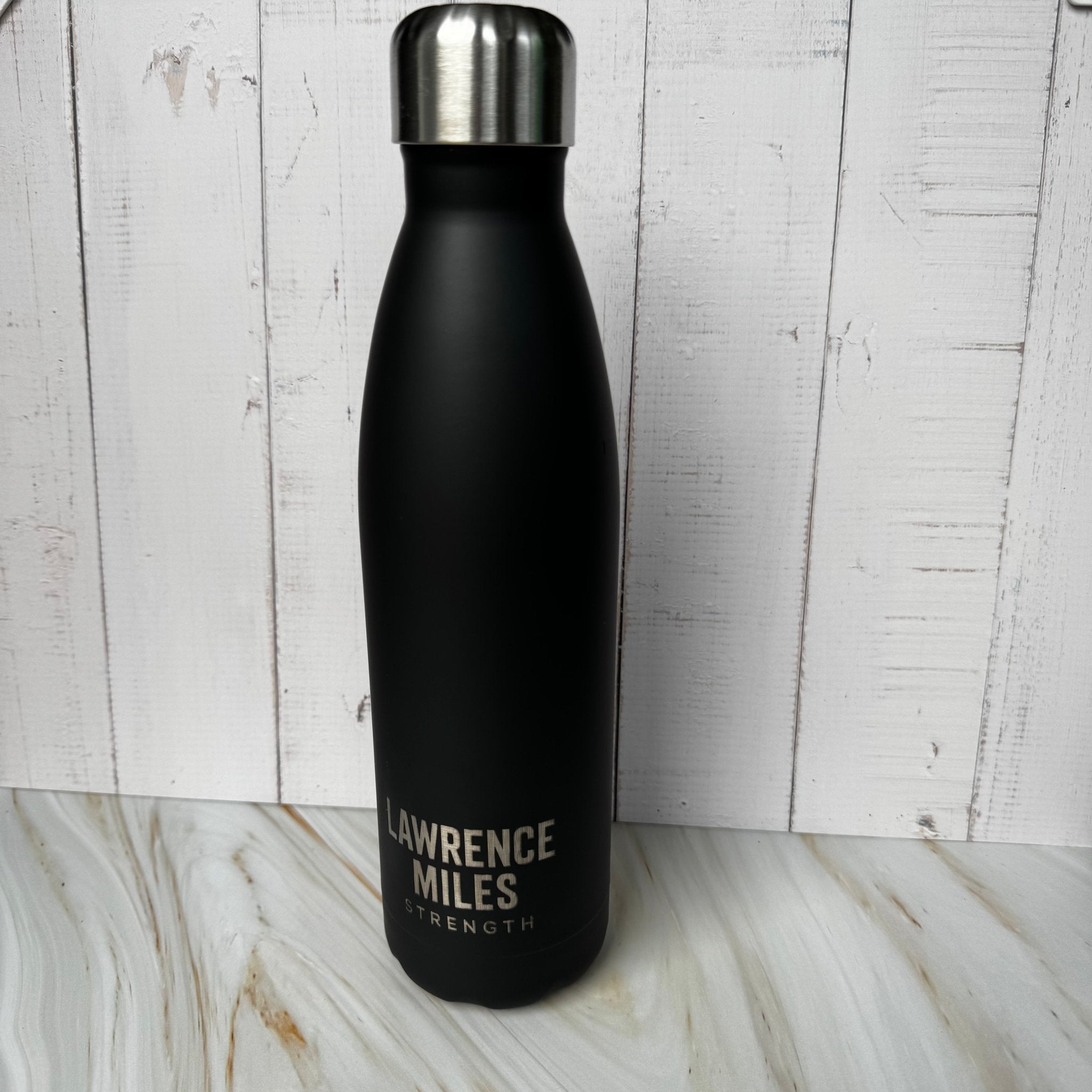 Matte black bowling pin bottle with custom text and silver cap – personalised insulated steel water bottle – Etch 'N' Shine