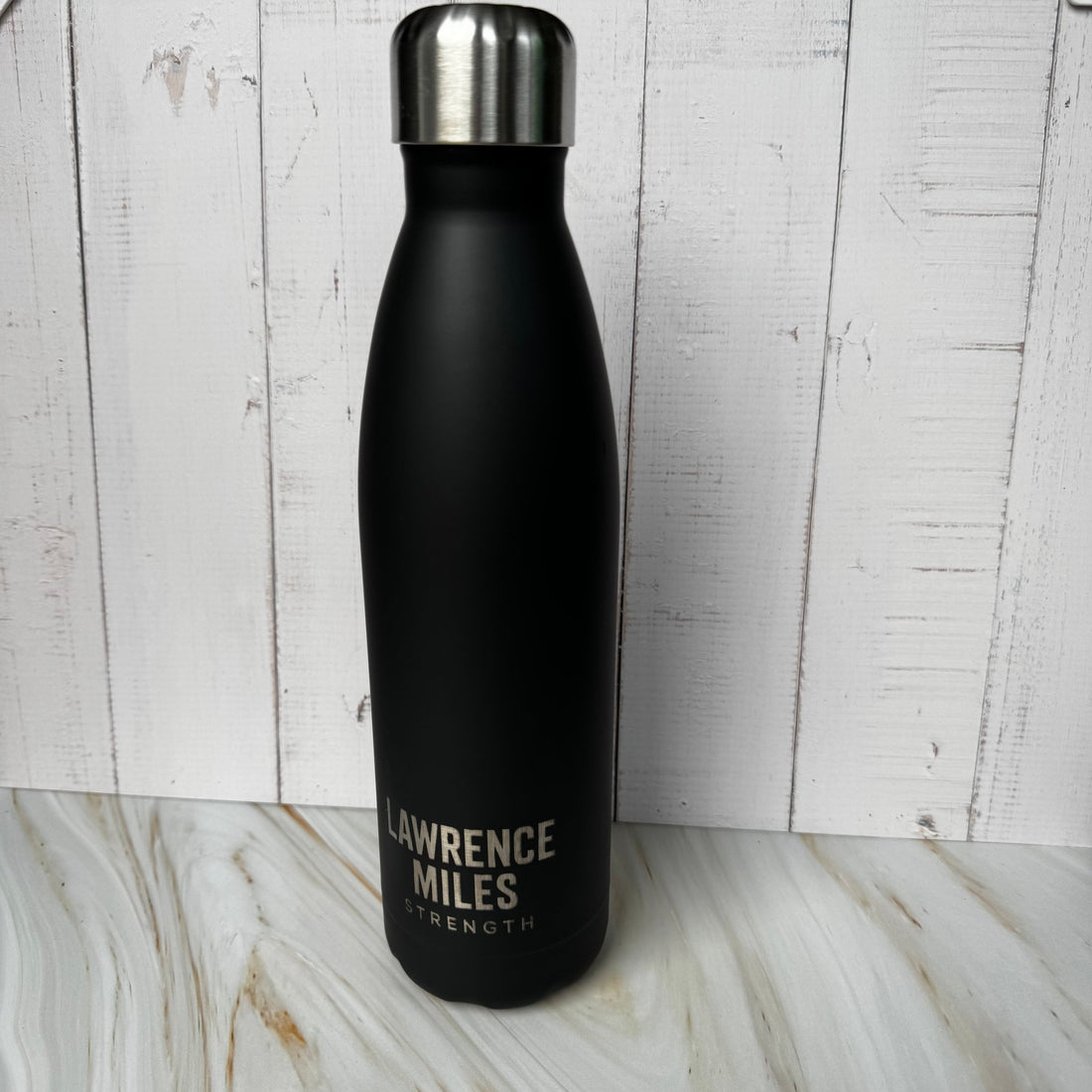 Matte black bowling pin bottle with custom text and silver cap – personalised insulated steel water bottle – Etch 'N' Shine