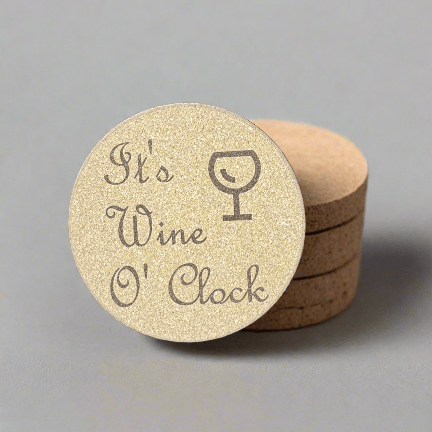 Round cork coaster with custom text and wine glass icon, stacked set – engraved cork coasters – Etch 'N' Shine