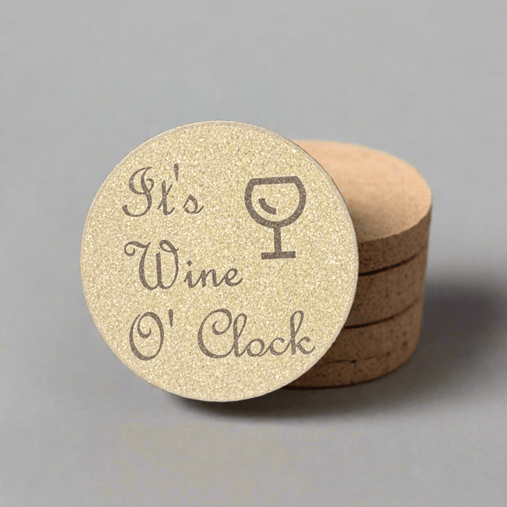 Round cork coaster with custom text and wine glass icon, stacked set – engraved cork coasters – Etch 'N' Shine