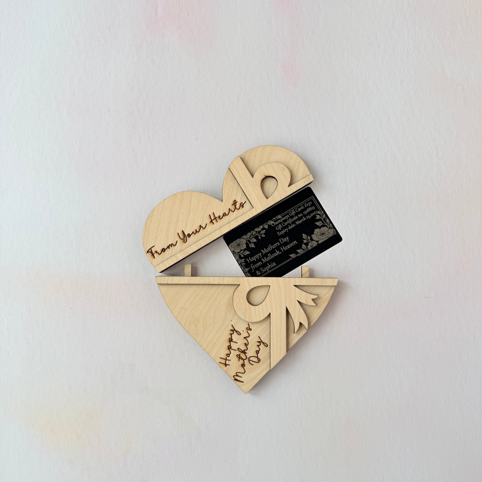 Open wooden heart holder with gift card and personalised message – engraved wood card holder – Etch 'N' Shine