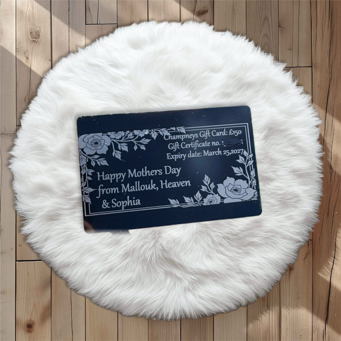 Dark aluminium card with floral design and custom text – personalised engraved metal card – Etch 'N' Shine