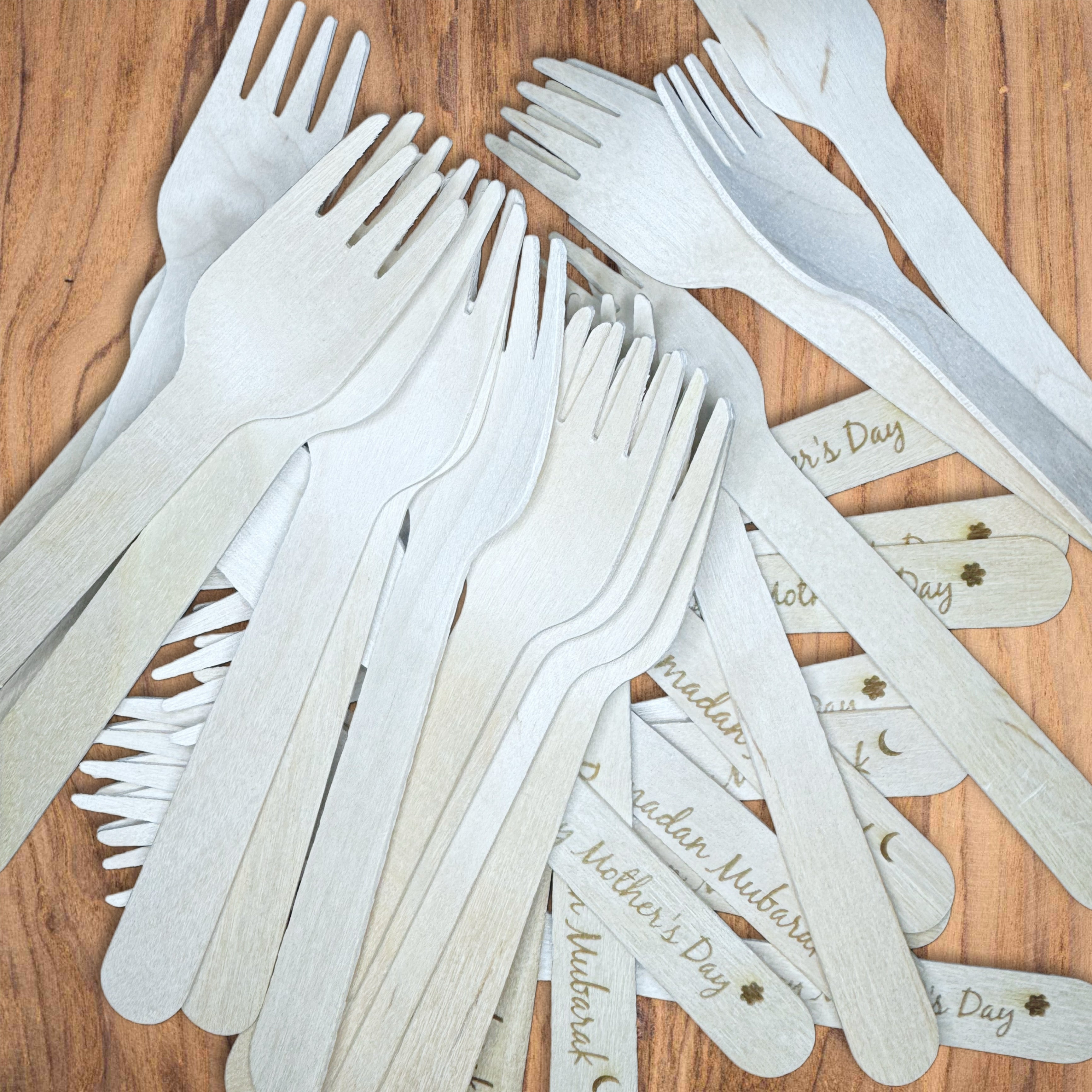 Personalised engraved wooden disposable forks