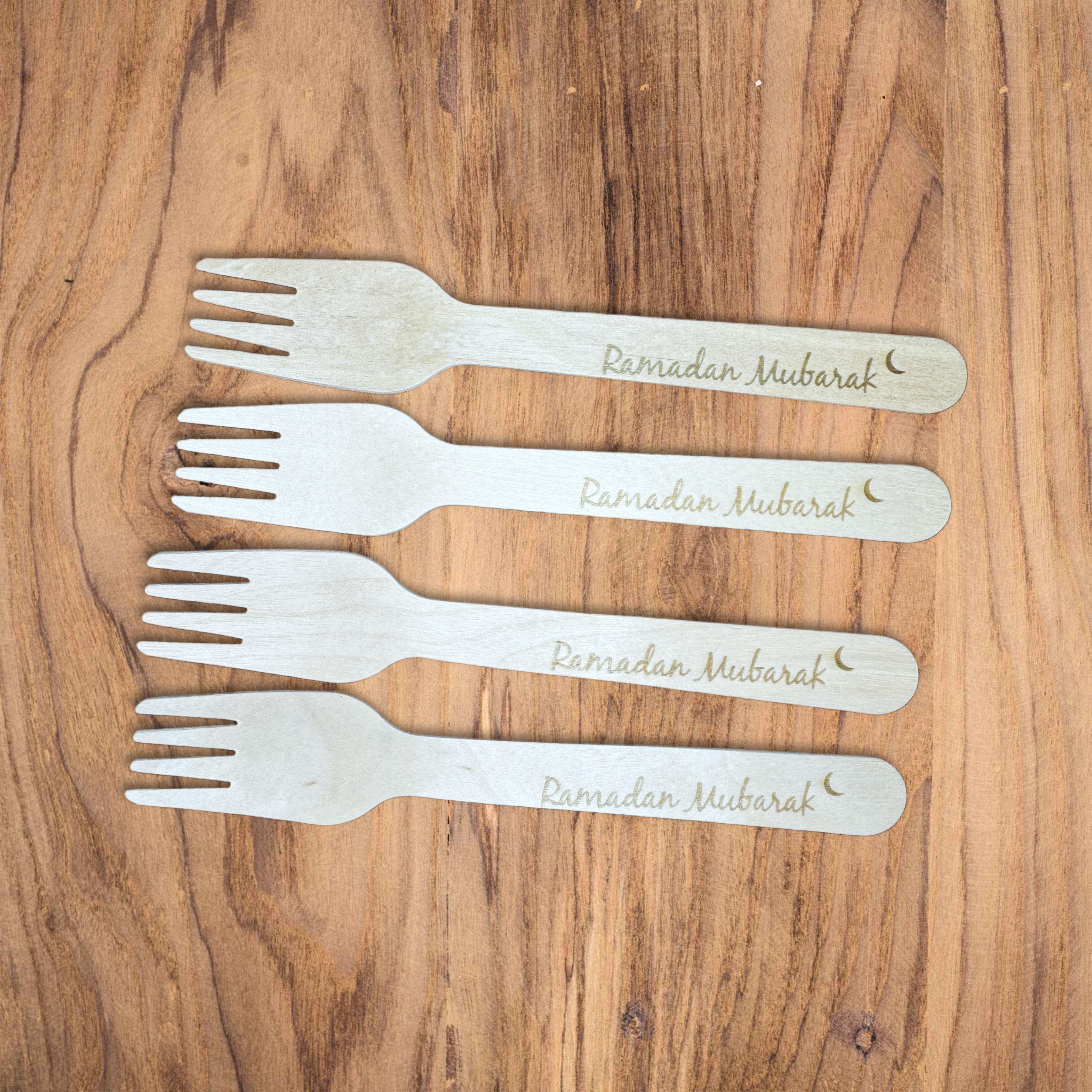 Personalised engraved wooden disposable forks Ramadan Mubarak