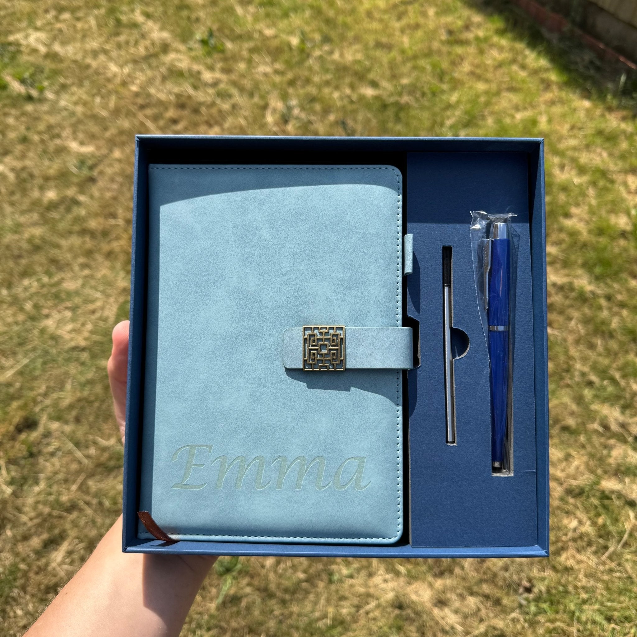 Engraved blue vegan leather notebook with custom name in gift box with pen – personalised A5 notebook set – Etch 'N' Shine