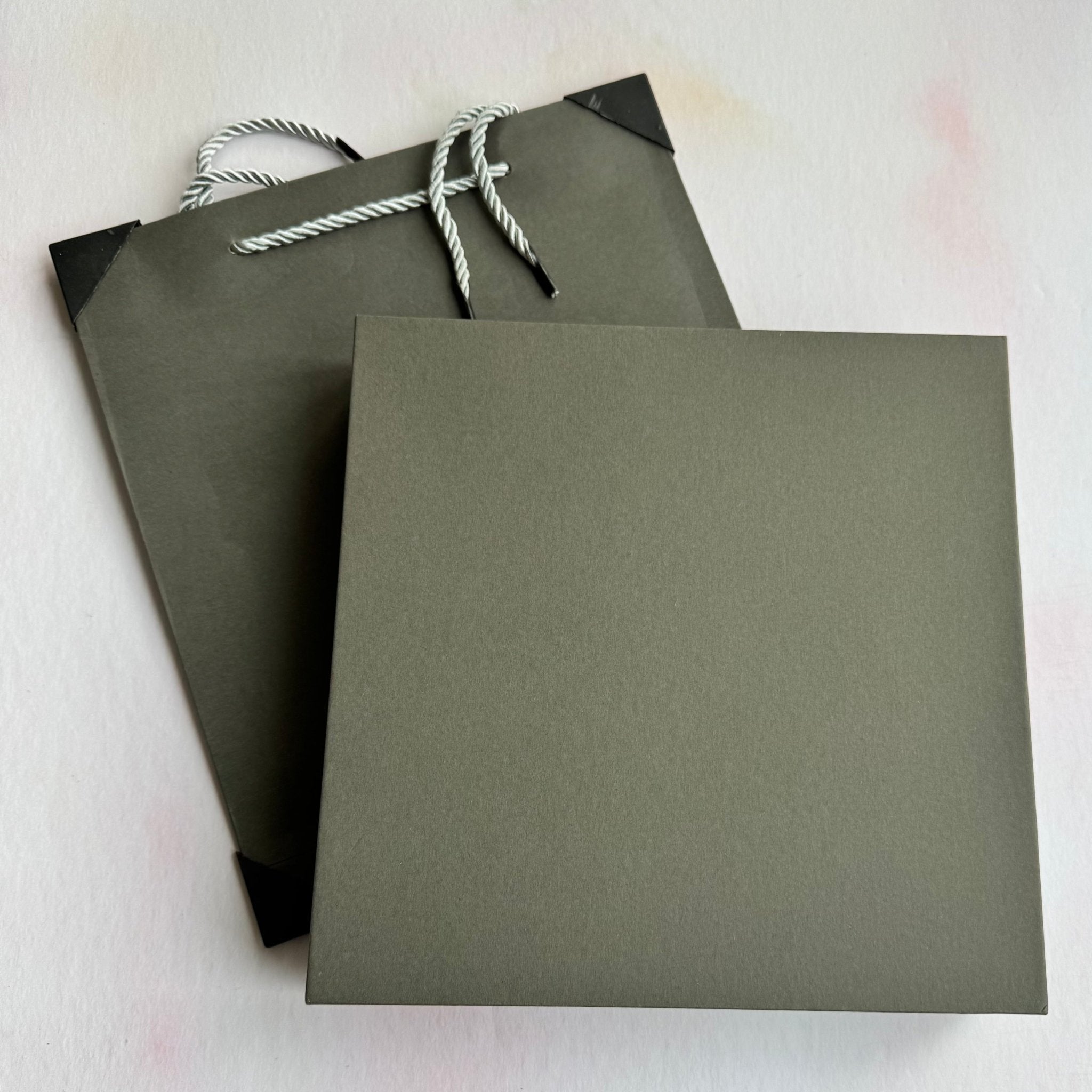 Olive green square gift box with matching rope-handle bag – custom notebook gift set packaging – Etch 'N' Shine
