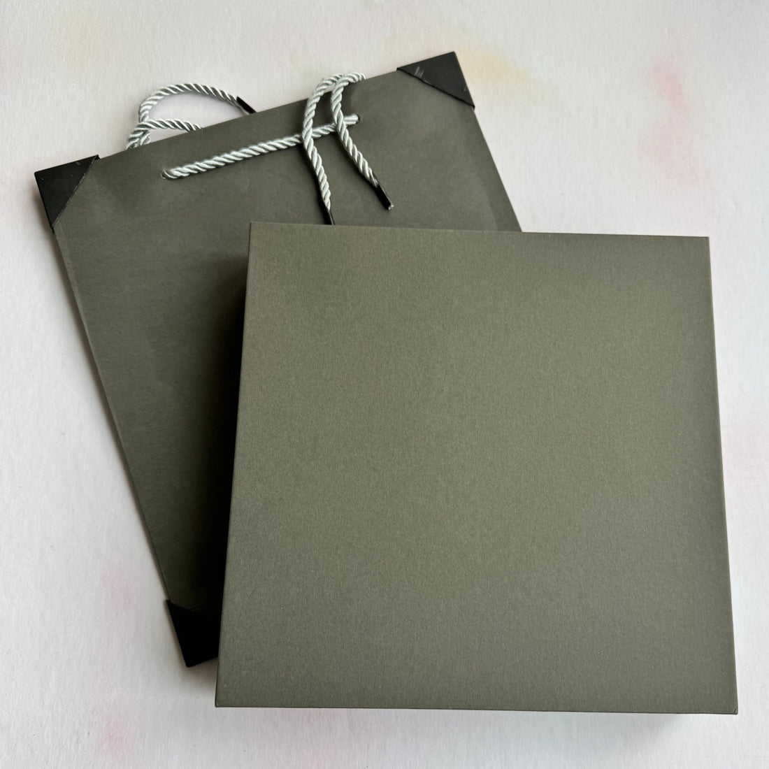 Olive green square gift box with matching rope-handle bag – custom notebook gift set packaging – Etch 'N' Shine