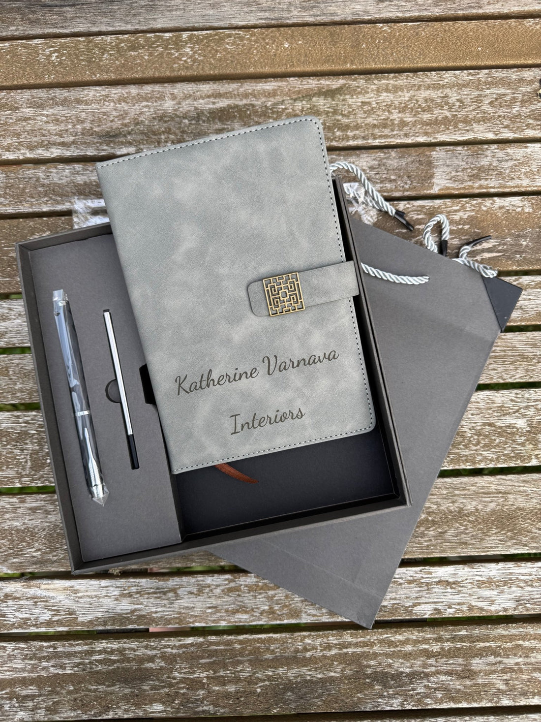 Engraved grey vegan leather notebook and pen in gift box set – personalised A5 notebook corporate gift set – Etch 'N' Shine
