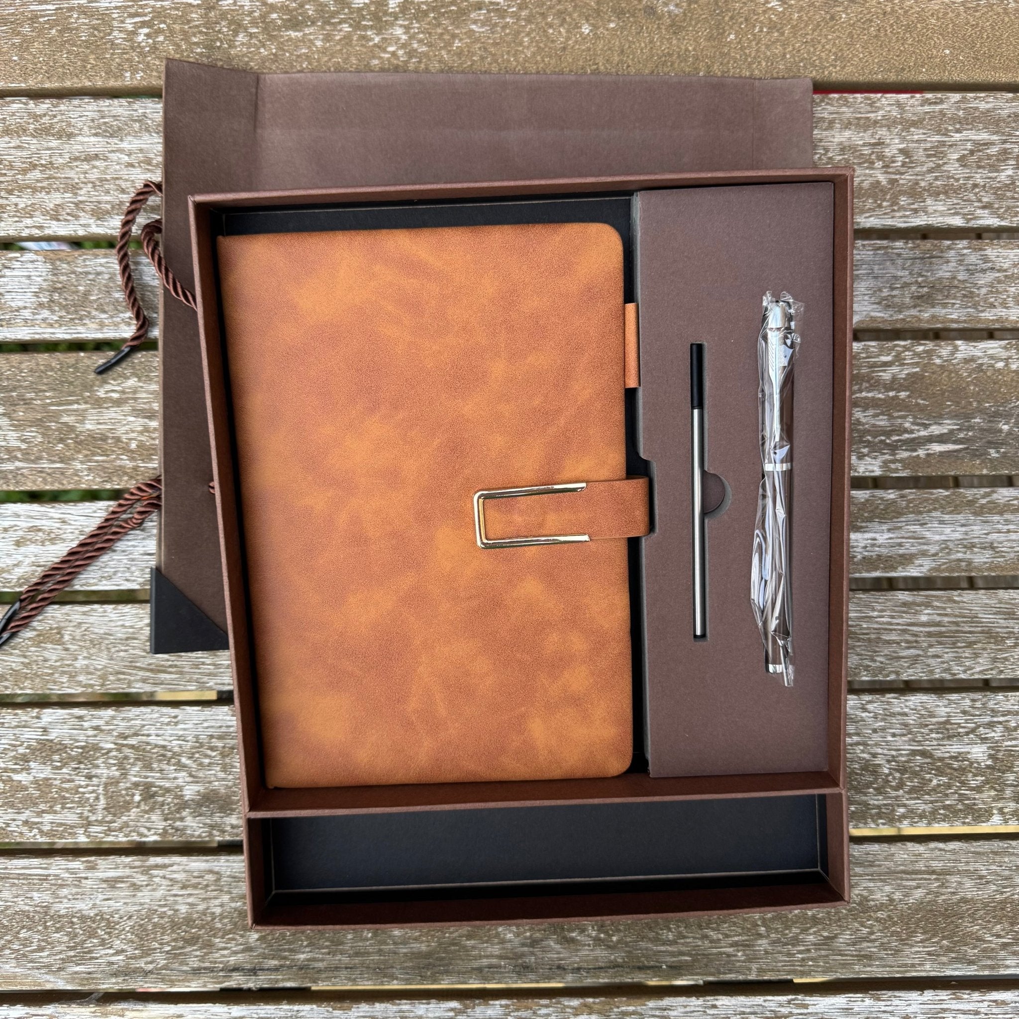 Tan vegan leather A5 notebook and pen set in brown gift box – personalised notebook gift set – Etch 'N' Shine