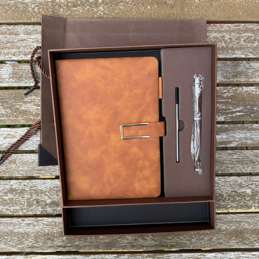 Tan vegan leather A5 notebook and pen set in brown gift box – personalised notebook gift set – Etch 'N' Shine