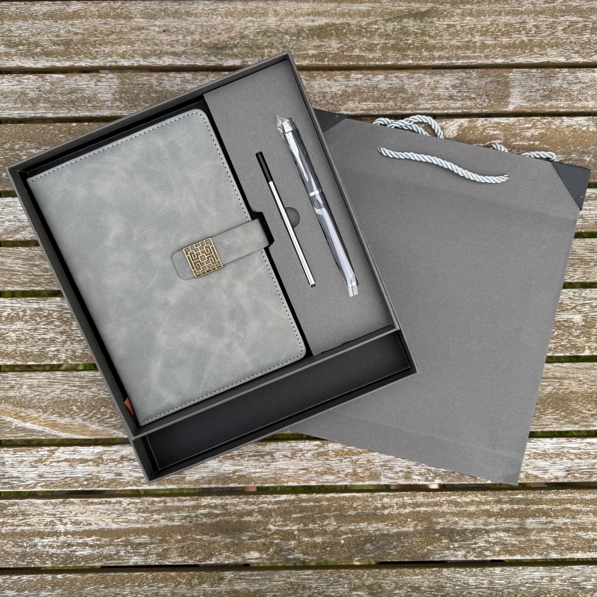 Grey vegan leather notebook and pen set in open gift box with bag – personalised A5 notebook set – Etch 'N' Shine