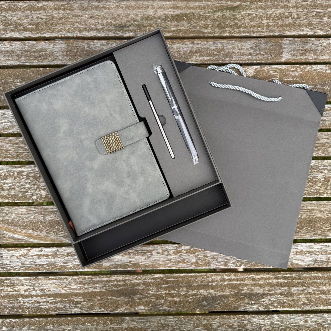 Grey vegan leather notebook and pen set in open gift box with bag – personalised A5 notebook set – Etch 'N' Shine
