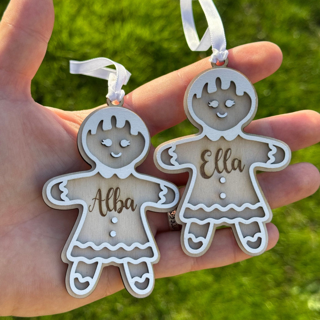 Two wooden gingerbread girl decorations with custom names – personalised Christmas ornaments – Etch 'N' Shine