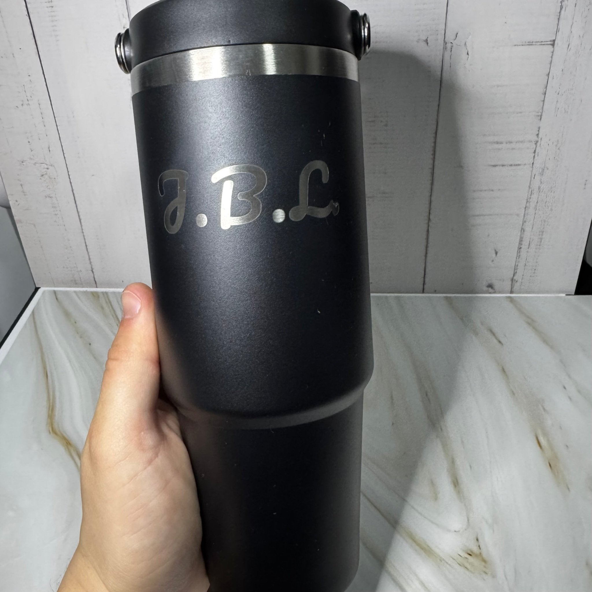 Matte black insulated water bottle with engraved initials – personalised stainless steel water bottle – Etch 'N' Shine