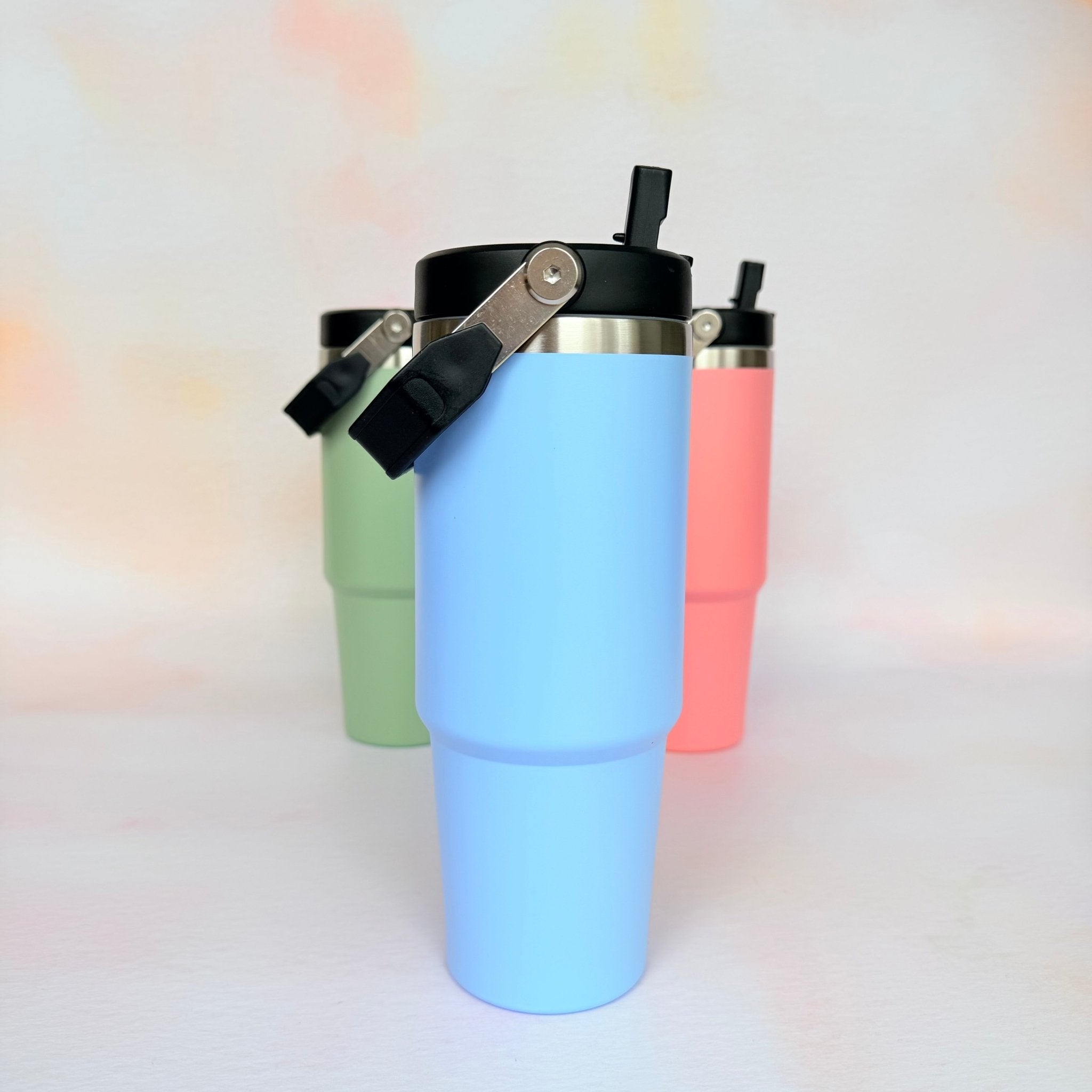 Three colour variants of insulated tumbler – personalised steel water bottle – Etch 'N' Shine